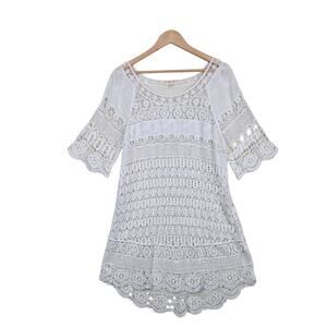 Alchemy Thread Crochet Mini Dress Beach Coverup L White Short Sleeve Fairy Boho